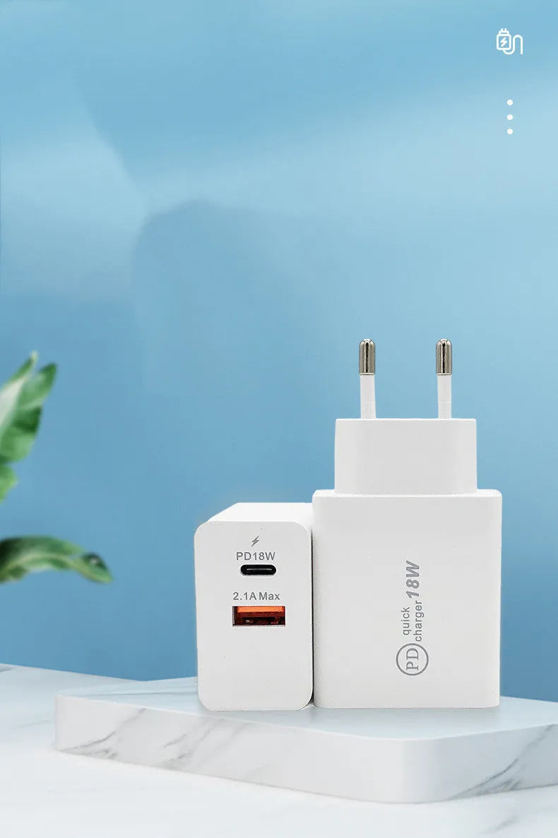 18W USB-C PD fast wall charger with smart power delivery in black or white with US or EU plug options