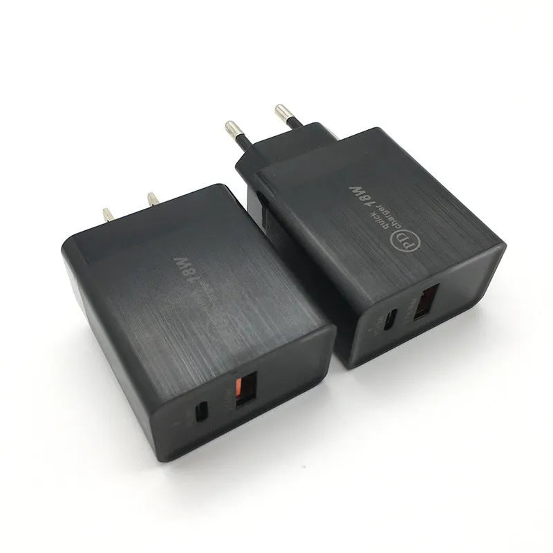 18W USB-C PD fast wall charger with smart power delivery in black or white with US or EU plug options