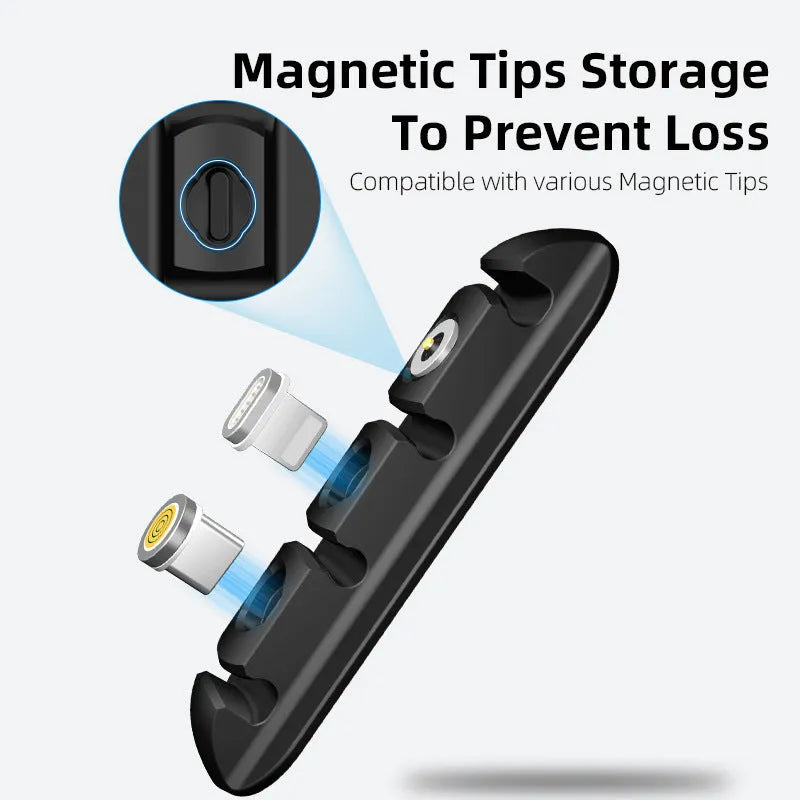 Black soft plastic desktop charging cable organiser with magnetic data cable holders