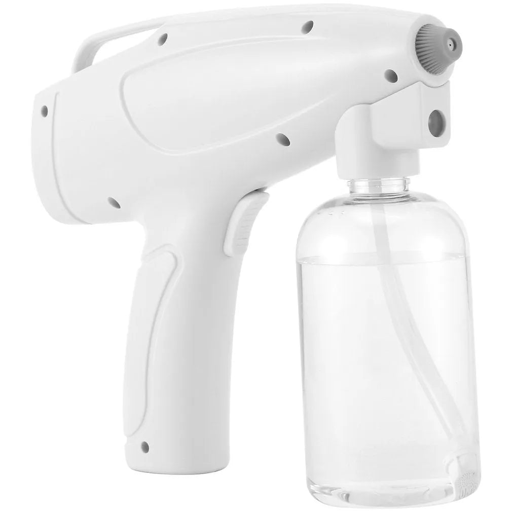 White cordless electric spray disinfection gun with USB-C charging port and bottle.
