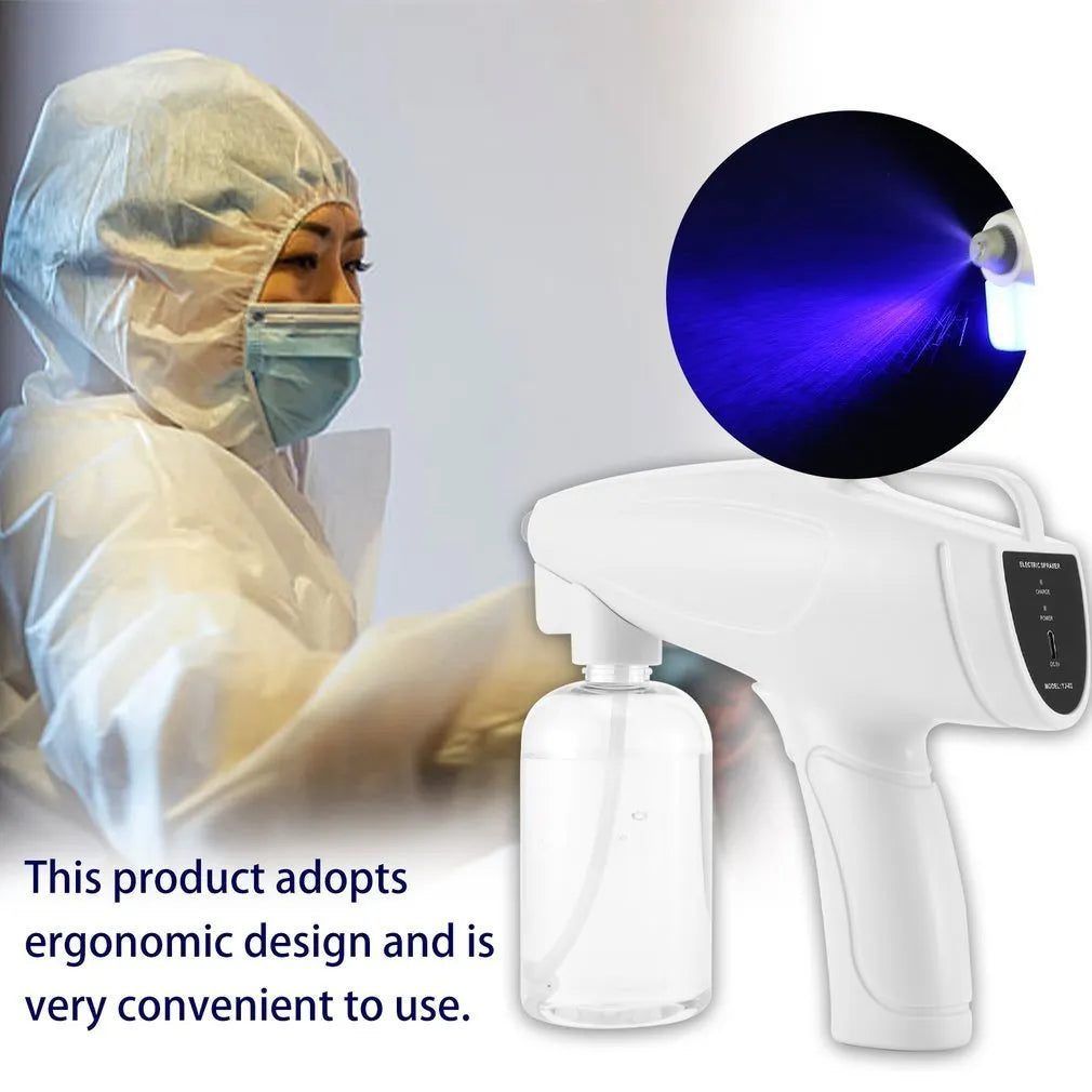 White cordless electric spray disinfection gun with USB-C charging port and bottle.