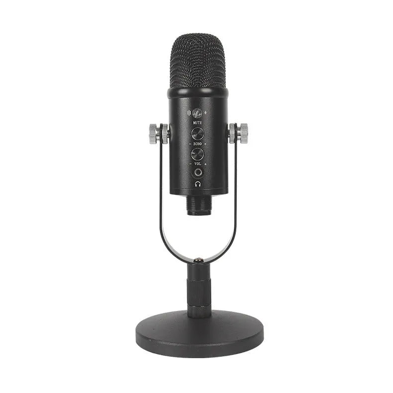 Black USB condenser microphone with metal base and sponge wind cover for desktop recording