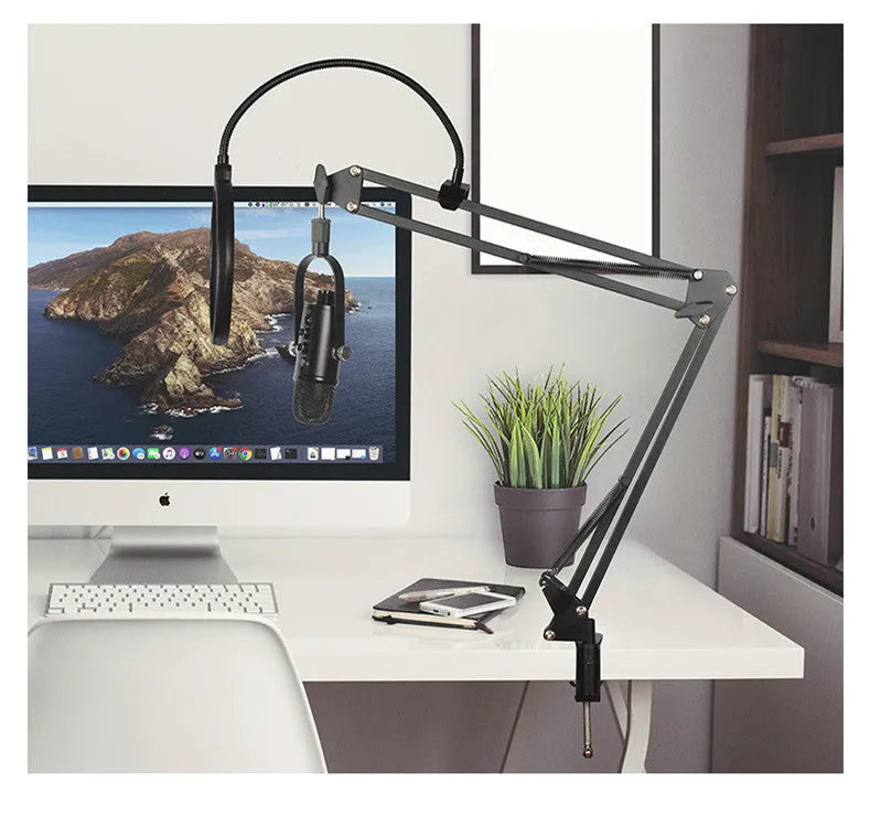 Black USB condenser microphone with metal base and sponge wind cover for desktop recording