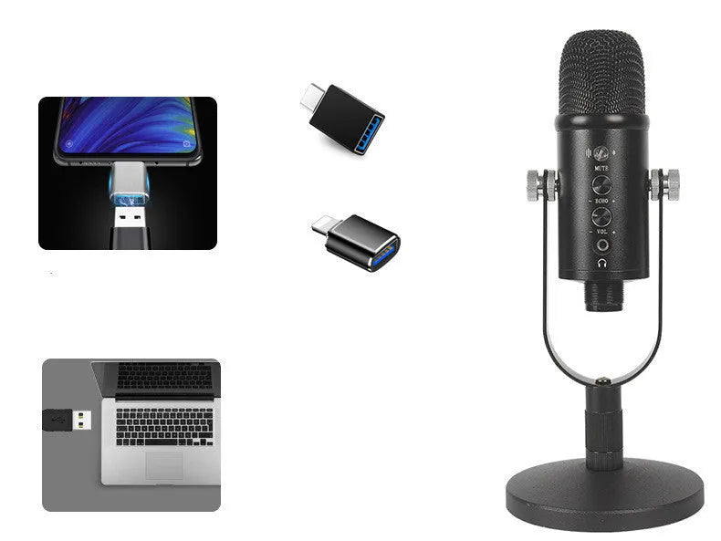 Black USB condenser microphone with metal base and sponge wind cover for desktop recording