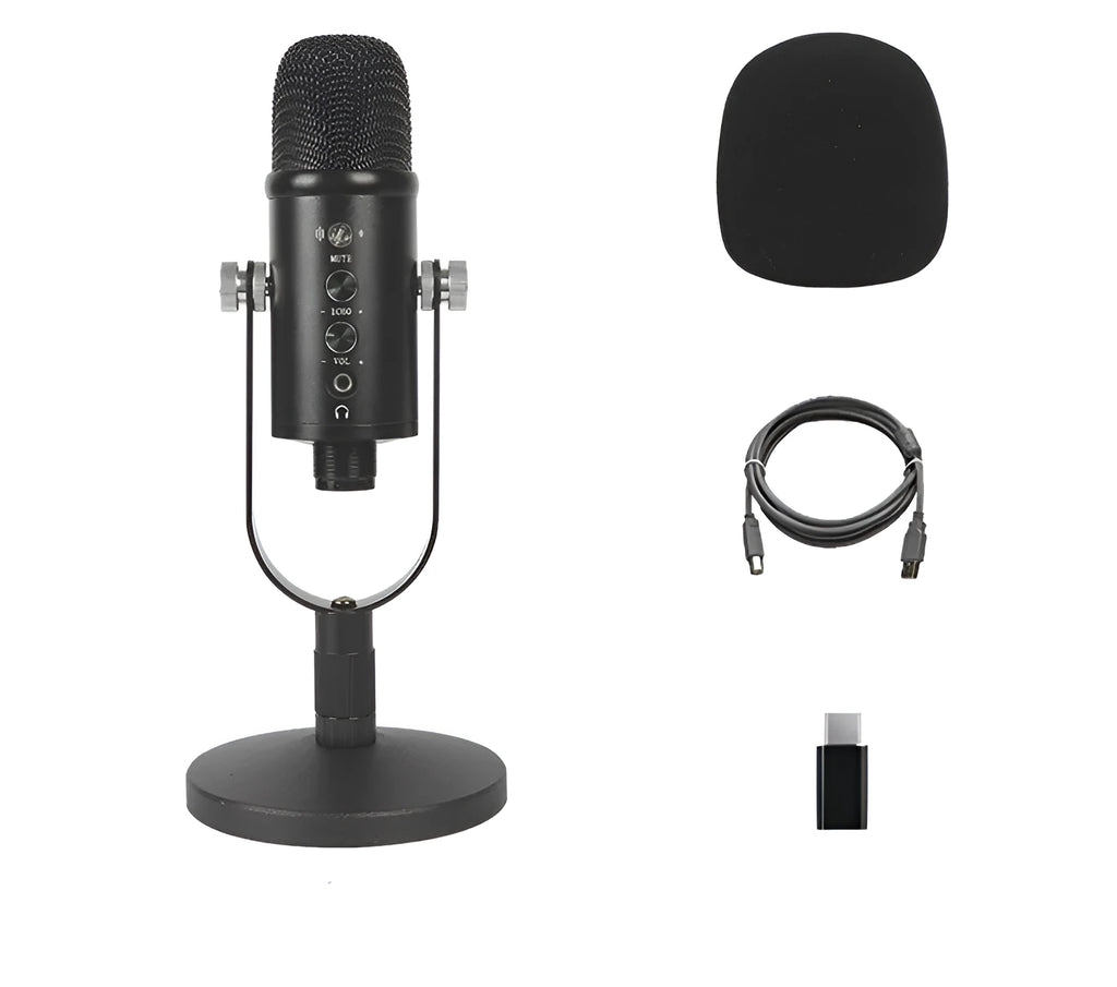 Black USB condenser microphone with metal base and sponge wind cover for desktop recording