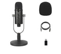 Black USB condenser microphone with metal base and sponge wind cover for desktop recording