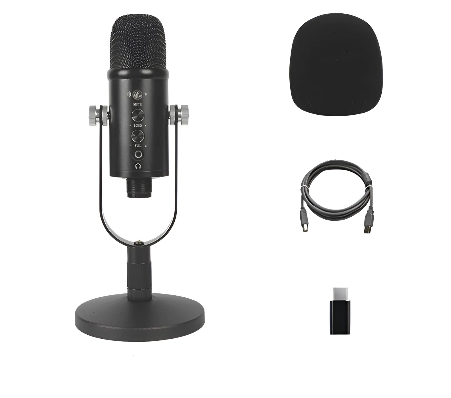 Black USB condenser microphone with metal base and sponge wind cover for desktop recording