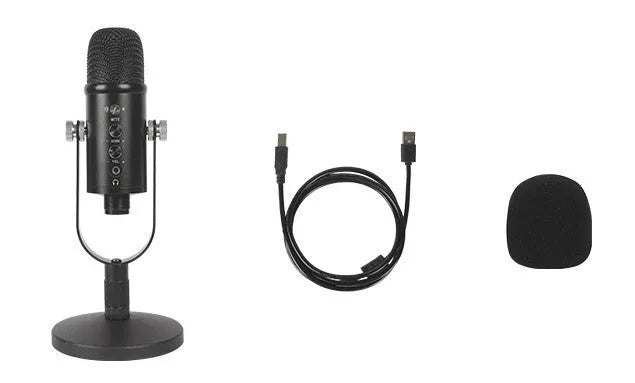 Black USB condenser microphone with metal base and sponge wind cover for desktop recording