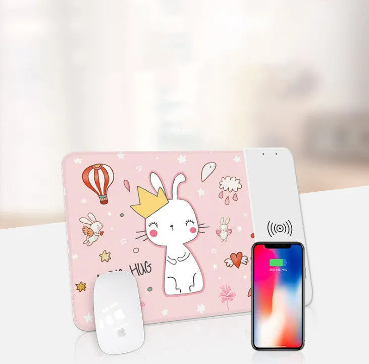 Wireless charging mouse pad with RGB lighting and cartoon design on black background