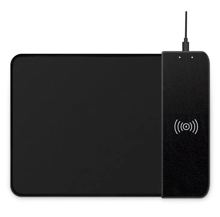 Wireless charging mouse pad with RGB lighting and cartoon design on black background