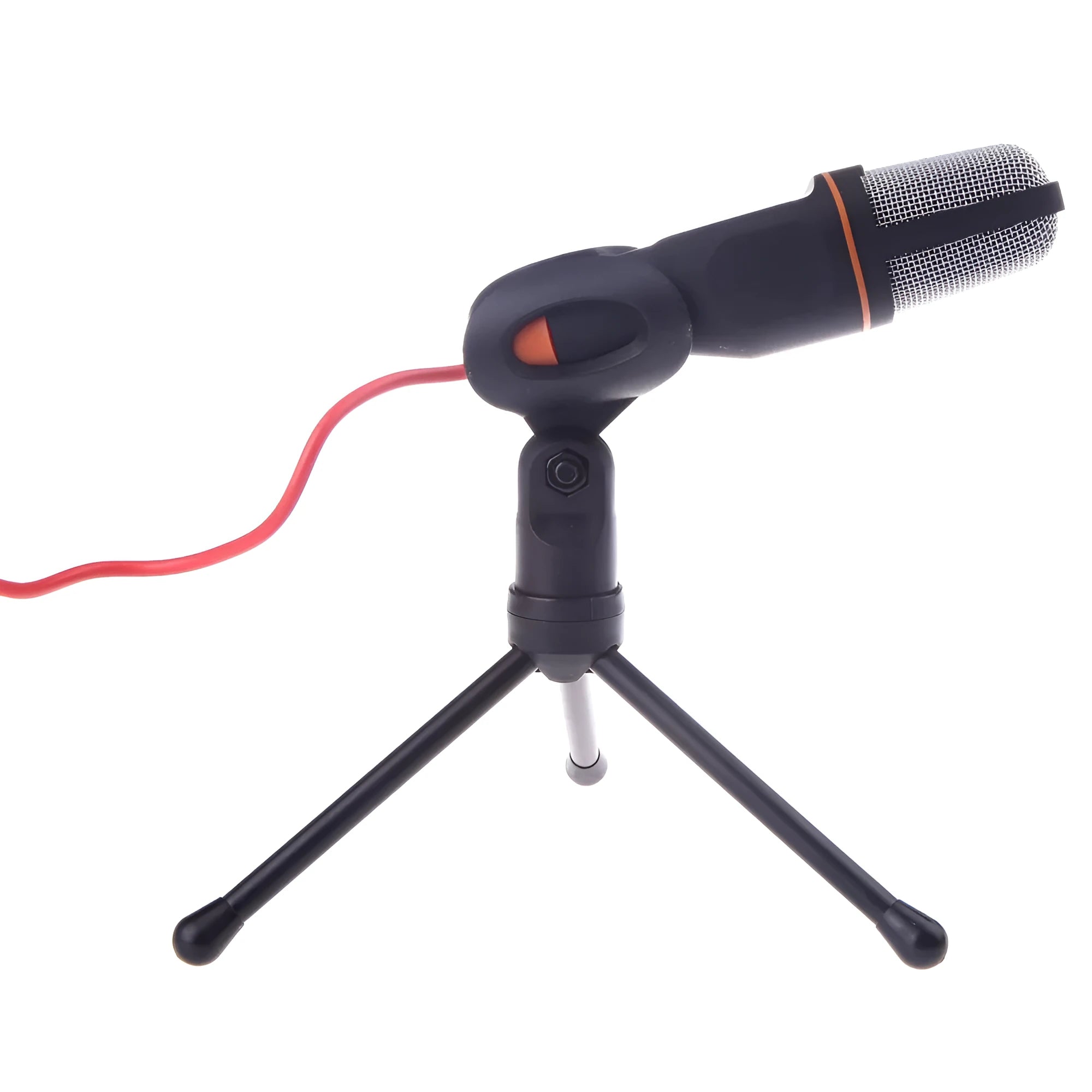 Black wired desktop PC microphone with a metal clip-on holder bracket on a desk.