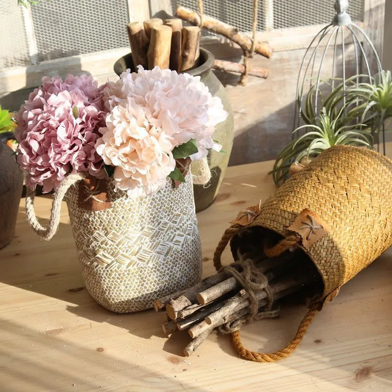 Rural style natural straw woven flower pot for desktop gardening, white colour, with storage bag