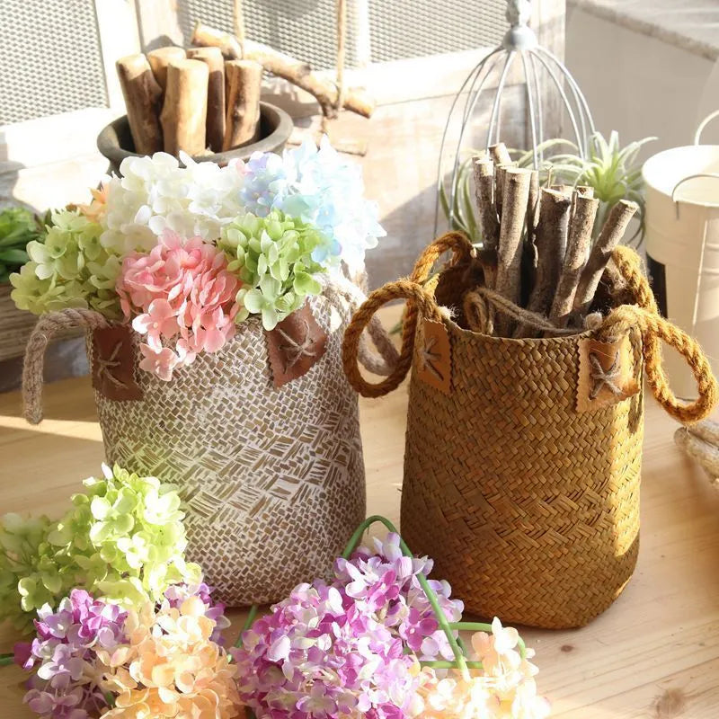 Rural style natural straw woven flower pot for desktop gardening, white colour, with storage bag