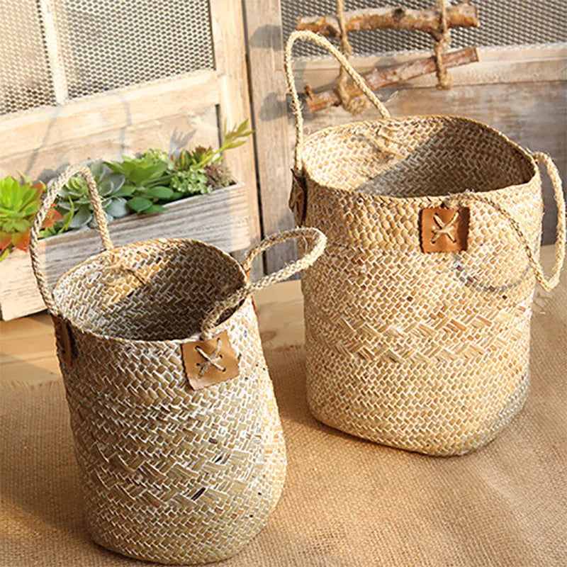 Rural style natural straw woven flower pot for desktop gardening, white colour, with storage bag