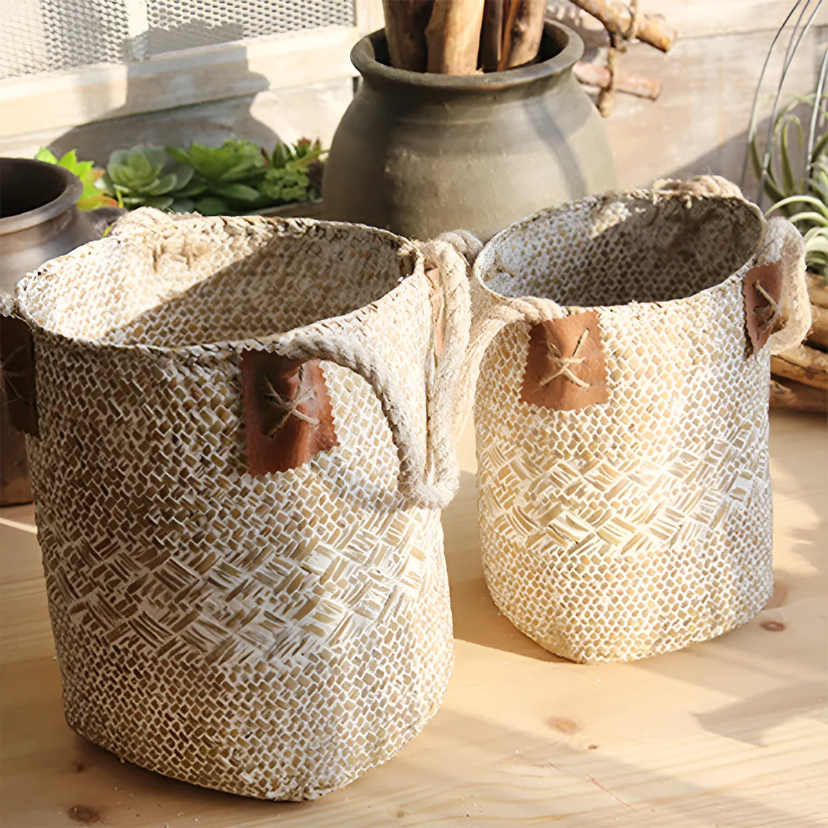 Rural style natural straw woven flower pot for desktop gardening, white colour, with storage bag