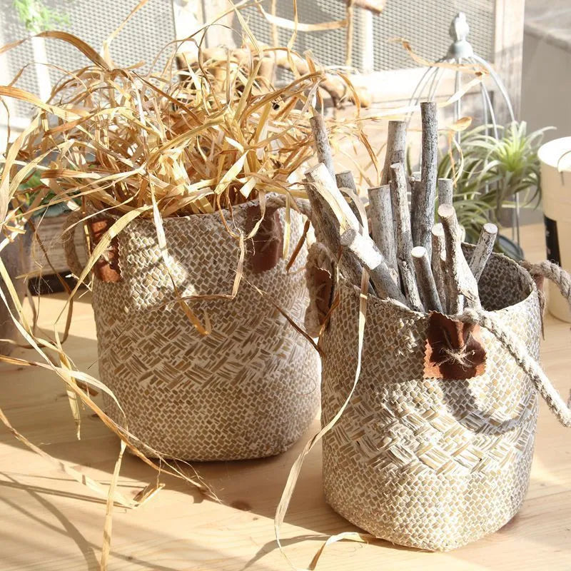 Rural style natural straw woven flower pot for desktop gardening, white colour, with storage bag