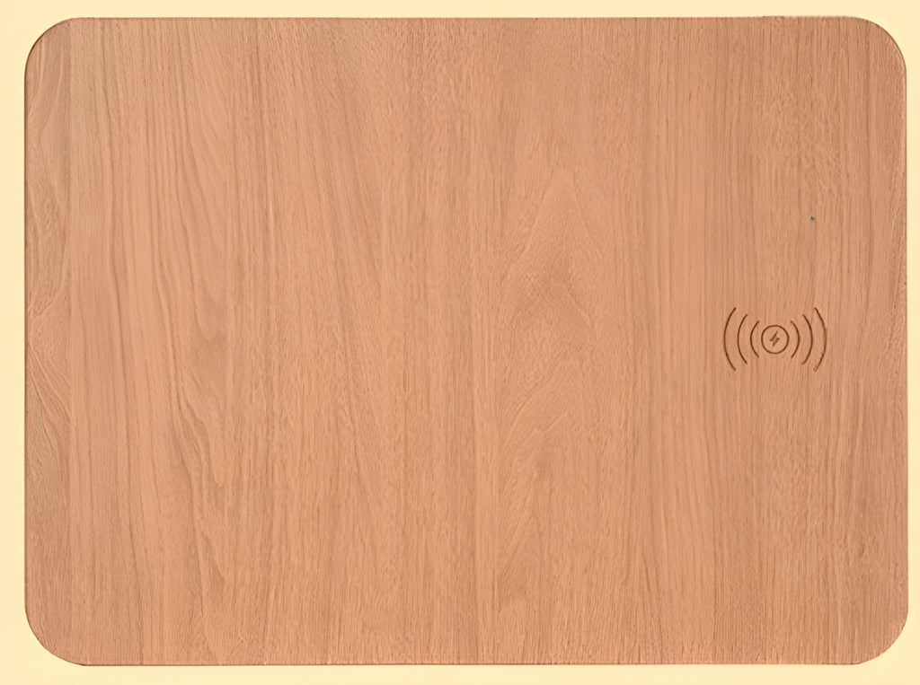 Wireless charging mouse pad with wood grain surface, 30x22cm, 10W USB charger, brown or dark grey