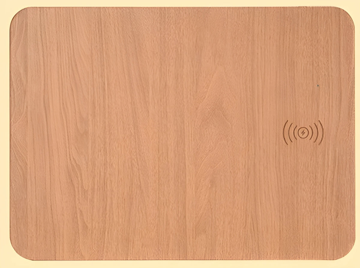 Wireless charging mouse pad with wood grain surface, 30x22cm, 10W USB charger, brown or dark grey
