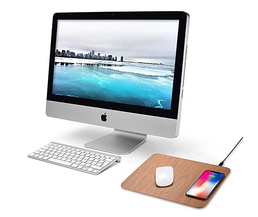 Wireless charging mouse pad with wood grain surface, 30x22cm, 10W USB charger, brown or dark grey