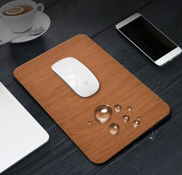 Wireless charging mouse pad with wood grain surface, 30x22cm, 10W USB charger, brown or dark grey