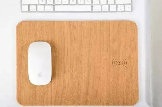 Wireless charging mouse pad with wood grain surface, 30x22cm, 10W USB charger, brown or dark grey