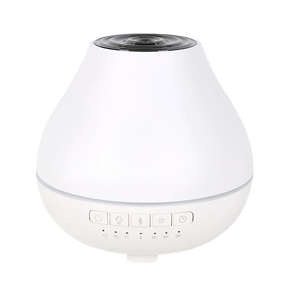 White round Bluetooth humidifier and aroma diffuser with night light function on wooden surface