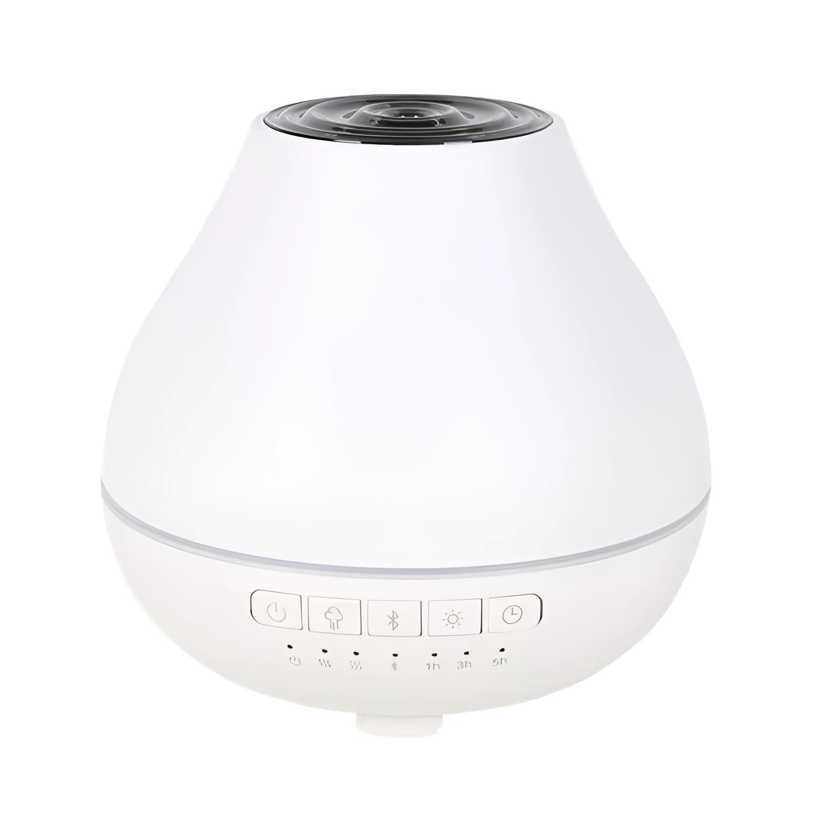 White round Bluetooth humidifier and aroma diffuser with night light function on wooden surface