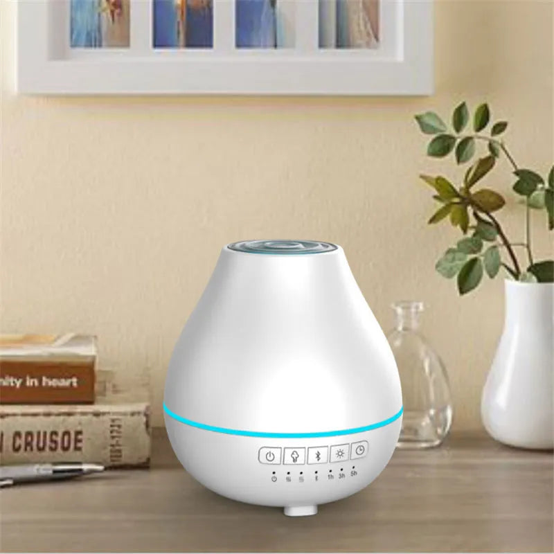 White round Bluetooth humidifier and aroma diffuser with night light function on wooden surface