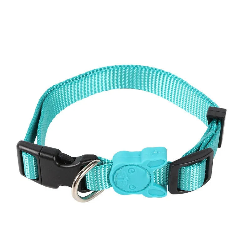Nylon dog collar in sky blue with retractable leash, adjustable size options from 30cm to 70cm