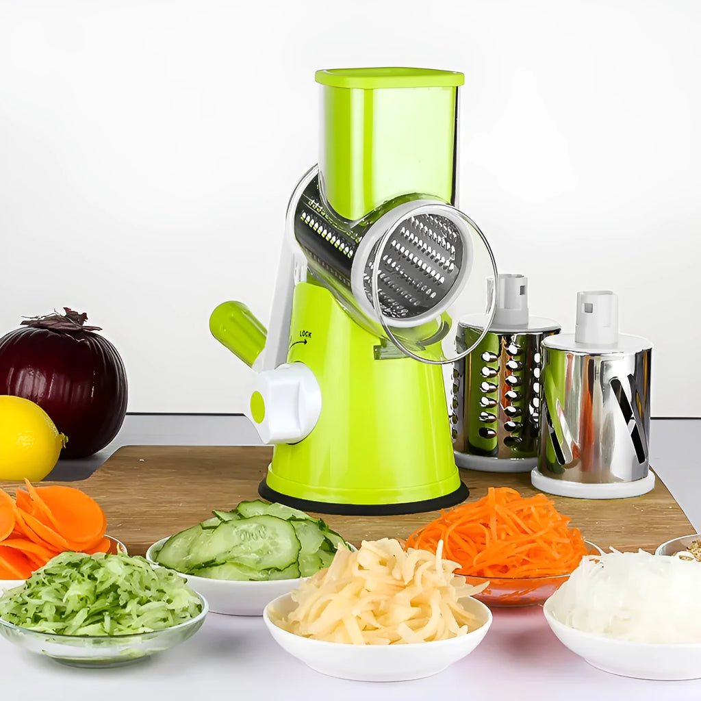 Blue multifunctional food chopper with suction cup base for slicing, grating and shredding vegetables on a kitchen counter