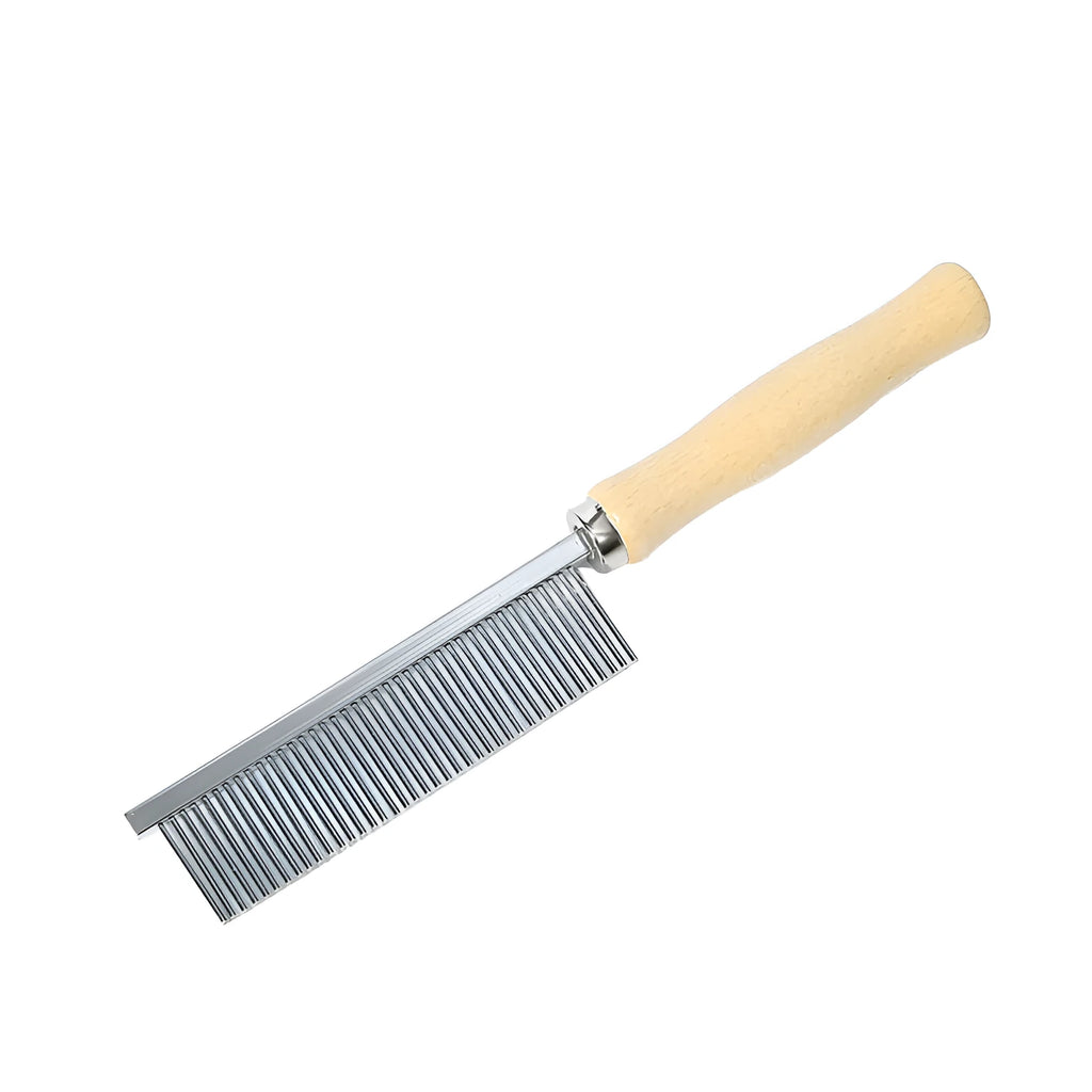 Large wooden handle pet grooming comb with 40 steel teeth, 19.5 x 3 cm, silver, for cats and dogs