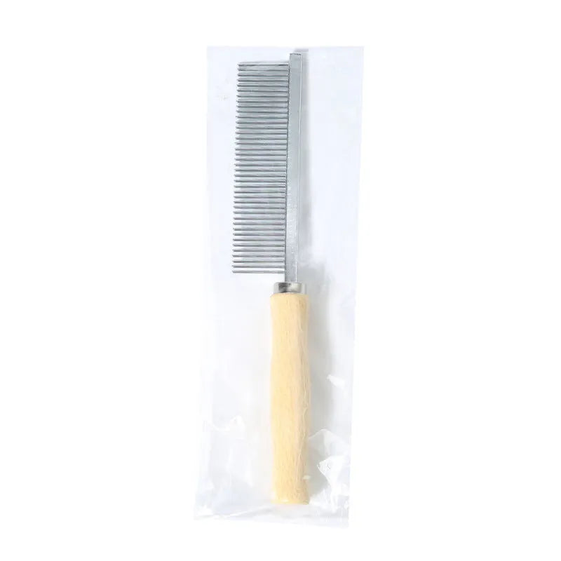 Large wooden handle pet grooming comb with 40 steel teeth, 19.5 x 3 cm, silver, for cats and dogs