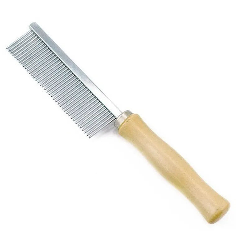 Large wooden handle pet grooming comb with 40 steel teeth, 19.5 x 3 cm, silver, for cats and dogs