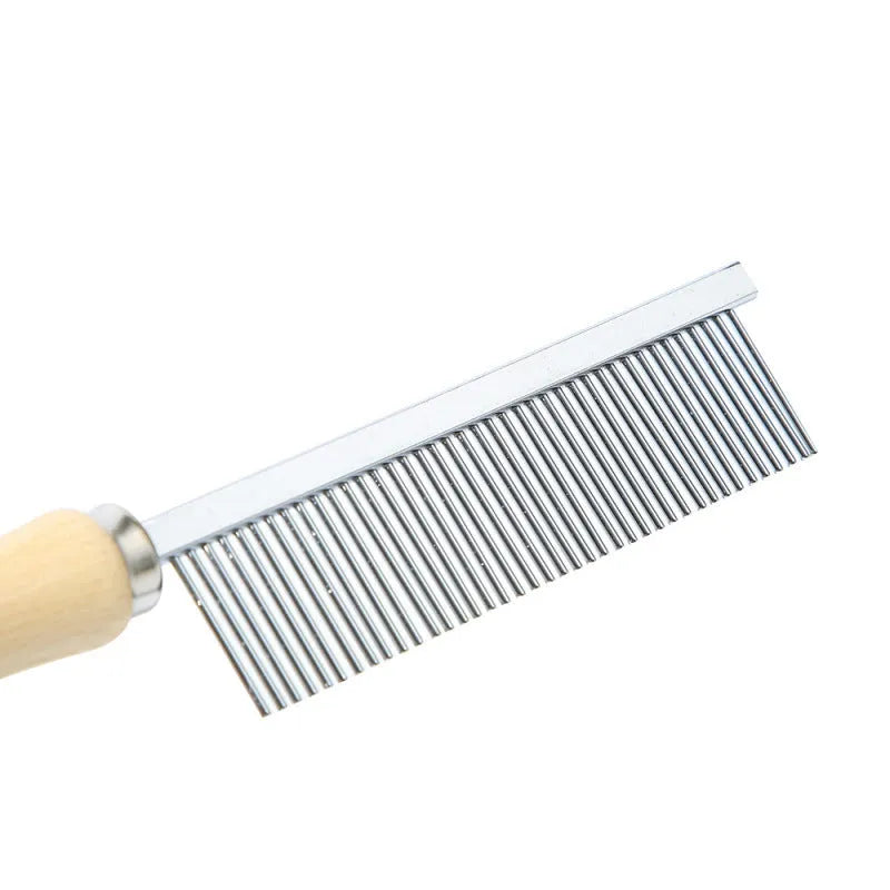 Large wooden handle pet grooming comb with 40 steel teeth, 19.5 x 3 cm, silver, for cats and dogs