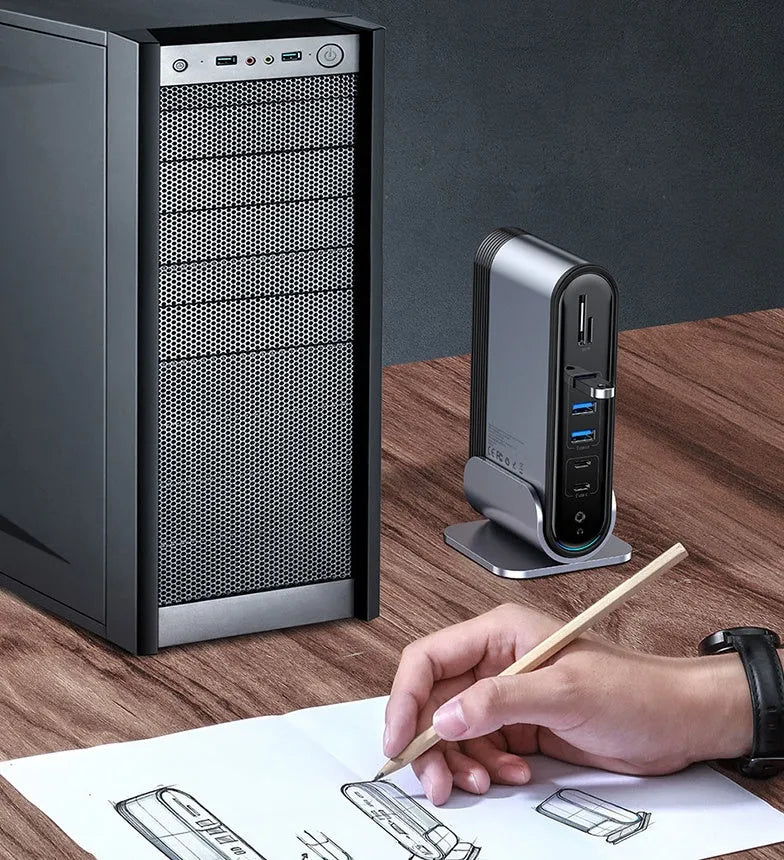 Deep space gray 16-in-1 Type-C docking station with external power supply and multiple interface ports