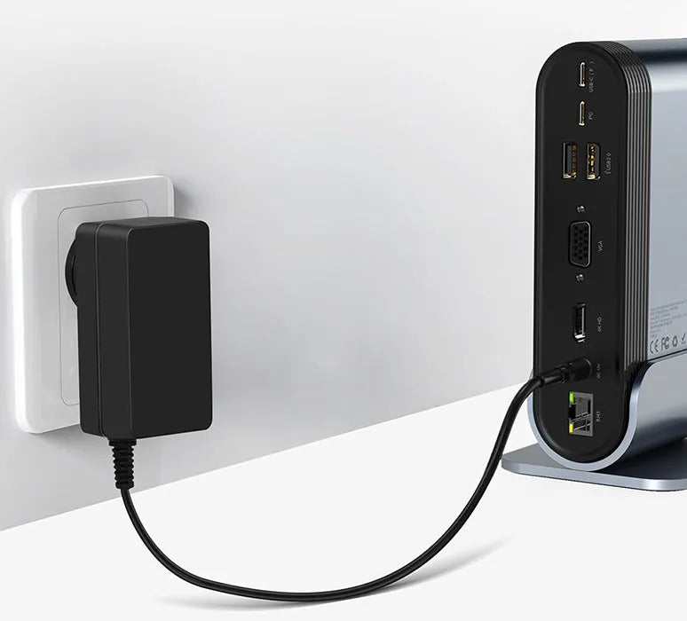 Deep space gray 16-in-1 Type-C docking station with external power supply and multiple interface ports