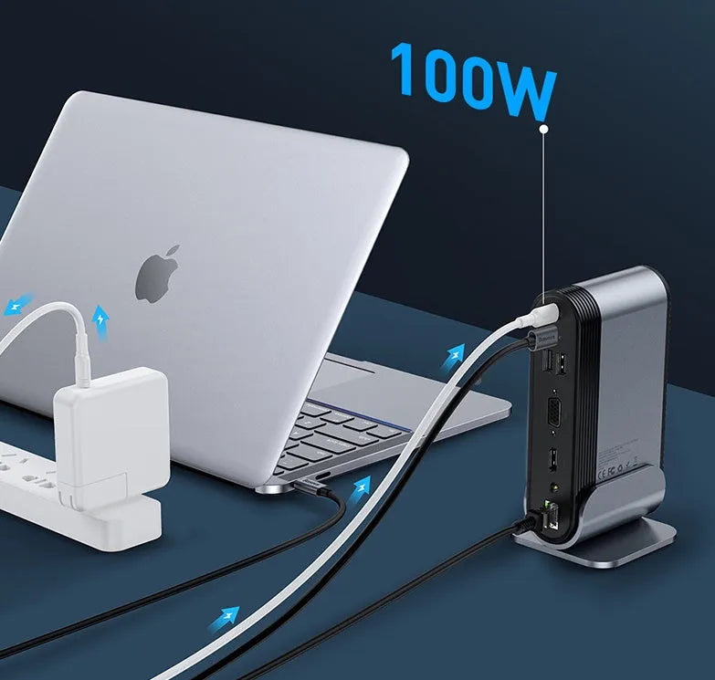 Deep space gray 16-in-1 Type-C docking station with external power supply and multiple interface ports