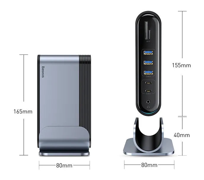 Deep space gray 16-in-1 Type-C docking station with external power supply and multiple interface ports
