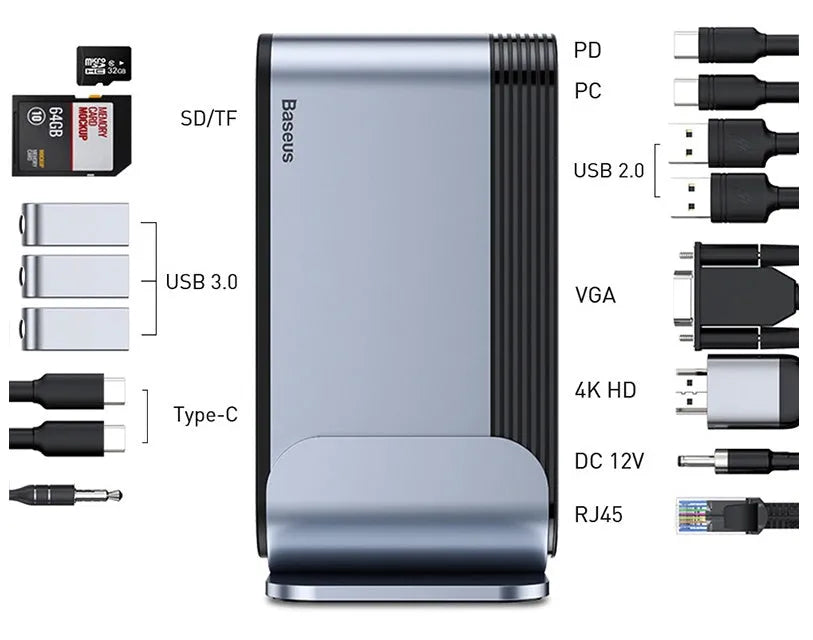 Deep space gray 16-in-1 Type-C docking station with external power supply and multiple interface ports