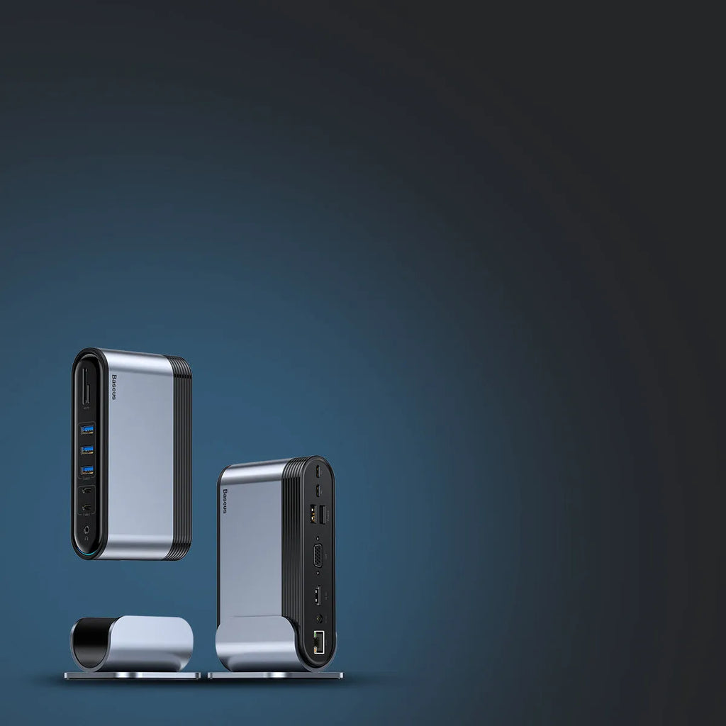 Deep space gray 16-in-1 Type-C docking station with external power supply and multiple interface ports