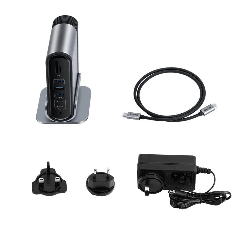 Deep space gray 16-in-1 Type-C docking station with external power supply and multiple interface ports