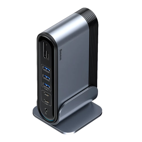 Deep space gray 16-in-1 Type-C docking station with external power supply and multiple interface ports