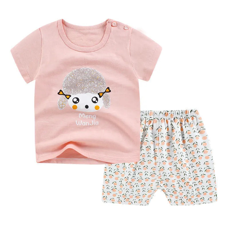 Newborn baby cotton clothing set with short sleeves and cartoon pattern