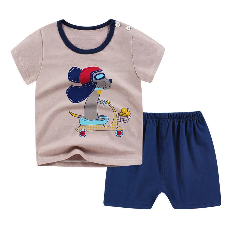 Newborn baby cotton clothing set with short sleeves and cartoon pattern