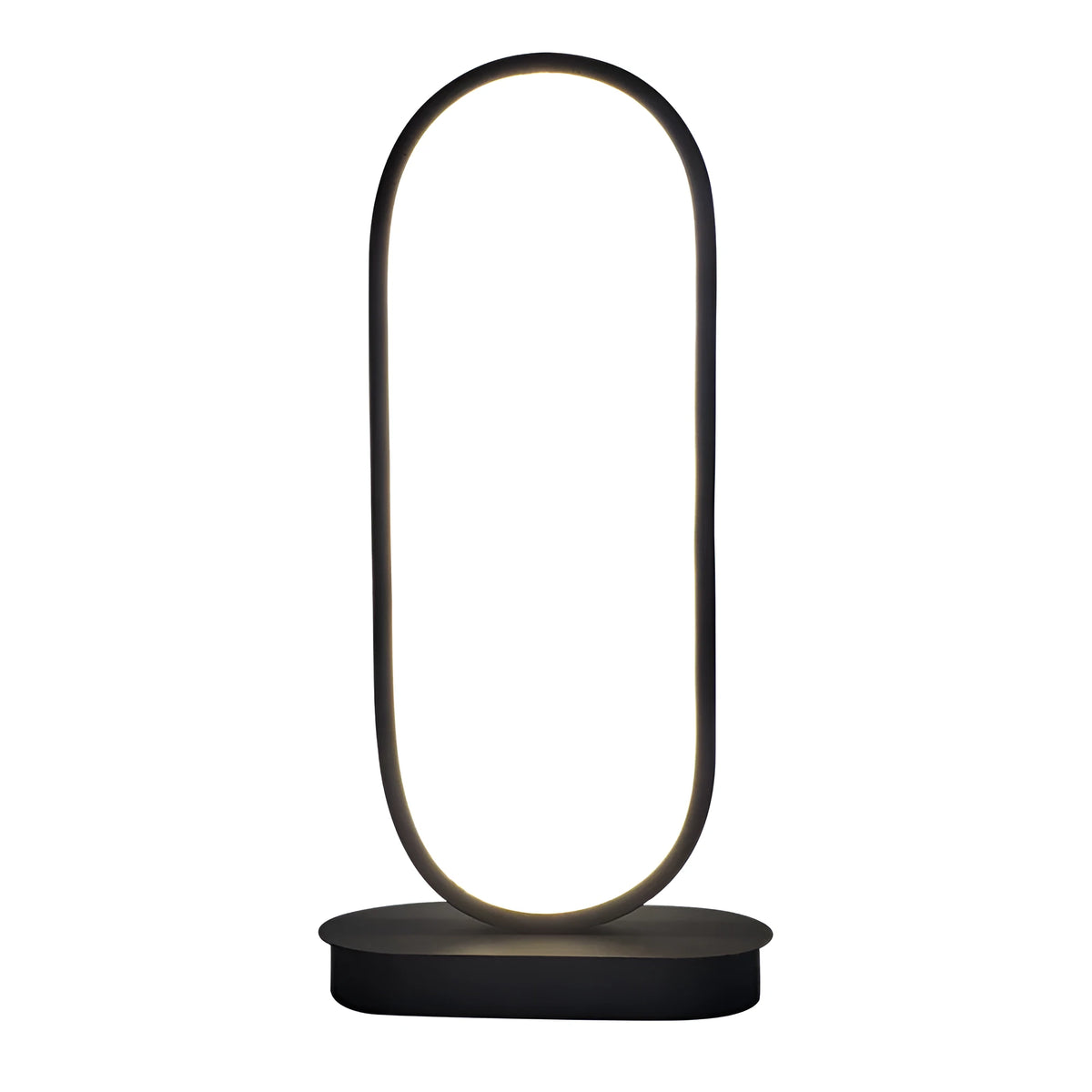 Oval metal LED table lamp 45cm tall with black metal shade on a table