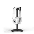 Black aluminium alloy headset bracket on desk holding a headphone for storage