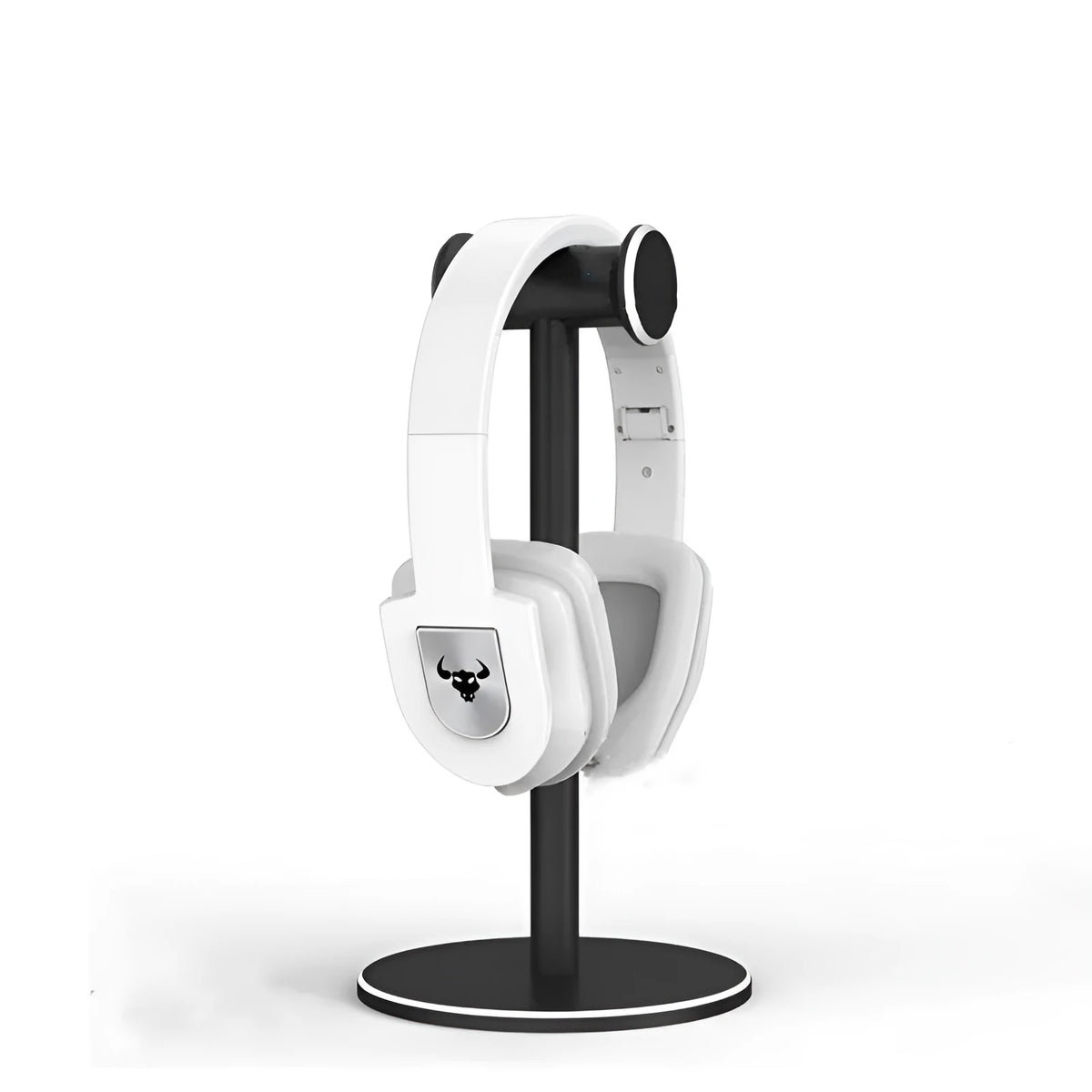 Black aluminium alloy headset bracket on desk holding a headphone for storage