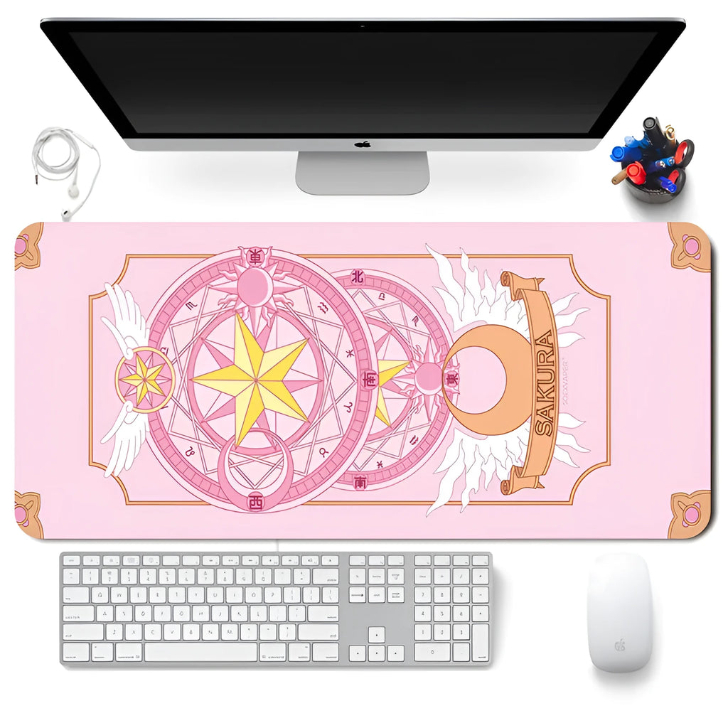 Sailor Moon non-slip desk mat with natural rubber base and fine cloth surface on desk with computer peripherals