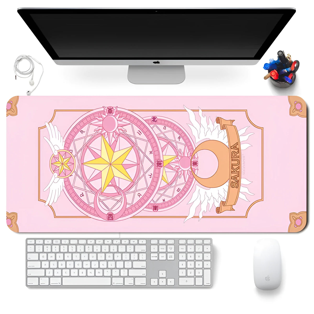 Sailor Moon non-slip desk mat with natural rubber base and fine cloth surface on desk with computer peripherals