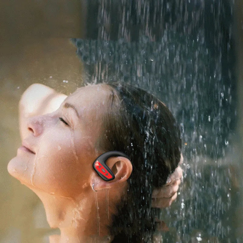 Black waterproof swimming headset with head-mounted design for sports use